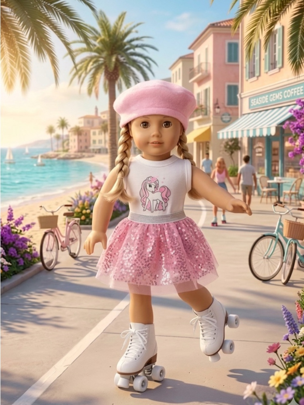 American Girl Doll with Pink Sequin Tutu Dress with Unicorn Top and Beret